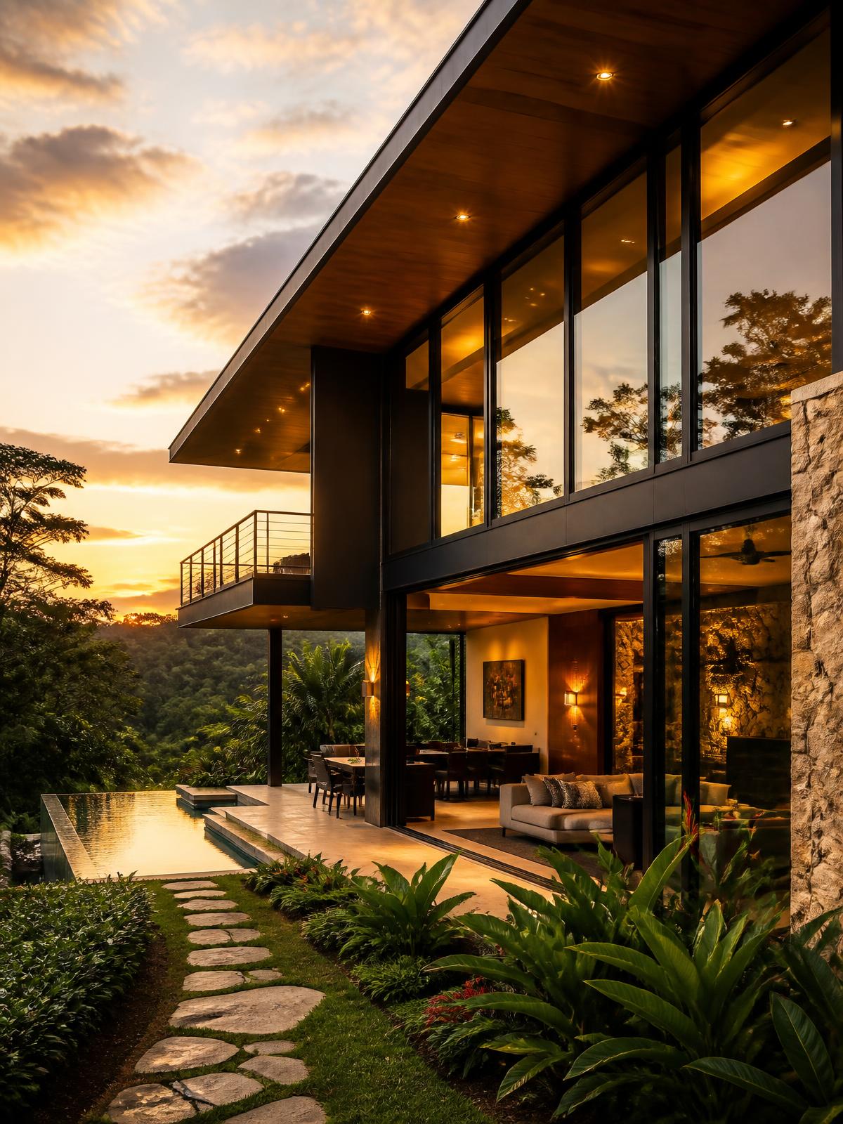 Casa moderna en Costa Rica con grandes ventanales de aluminio y vidrio